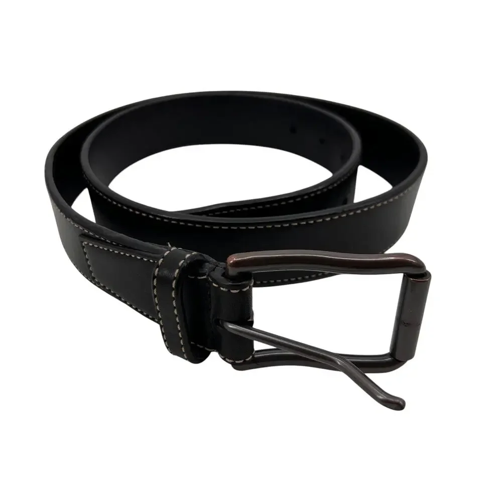 Coach Jeans Belt Mens 36 Black Leather Contrast Stitch Buckle Dress Casual
